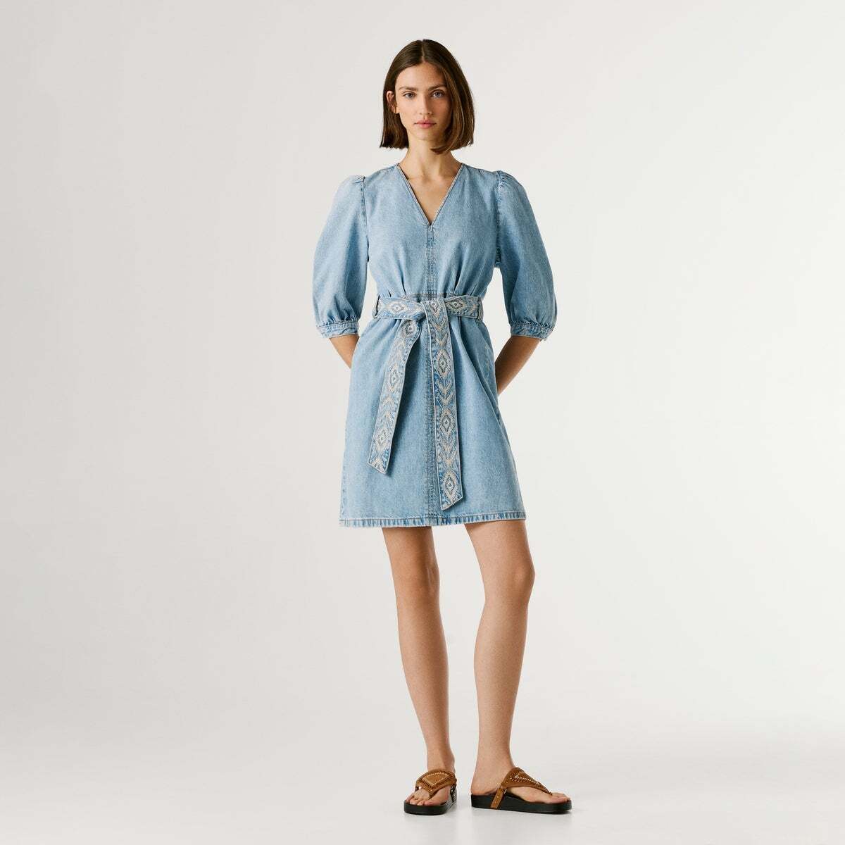 Robe Courte En Denim À Col En V 11oz blue rigid denim, PEPE JEANS