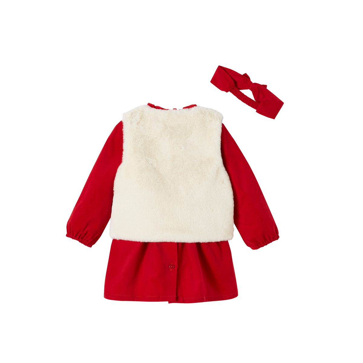 Ensemble de Noël bébé : robe, gilet en imitation fourrure, collants et bandeau assorti rouge, VERTBAUDET