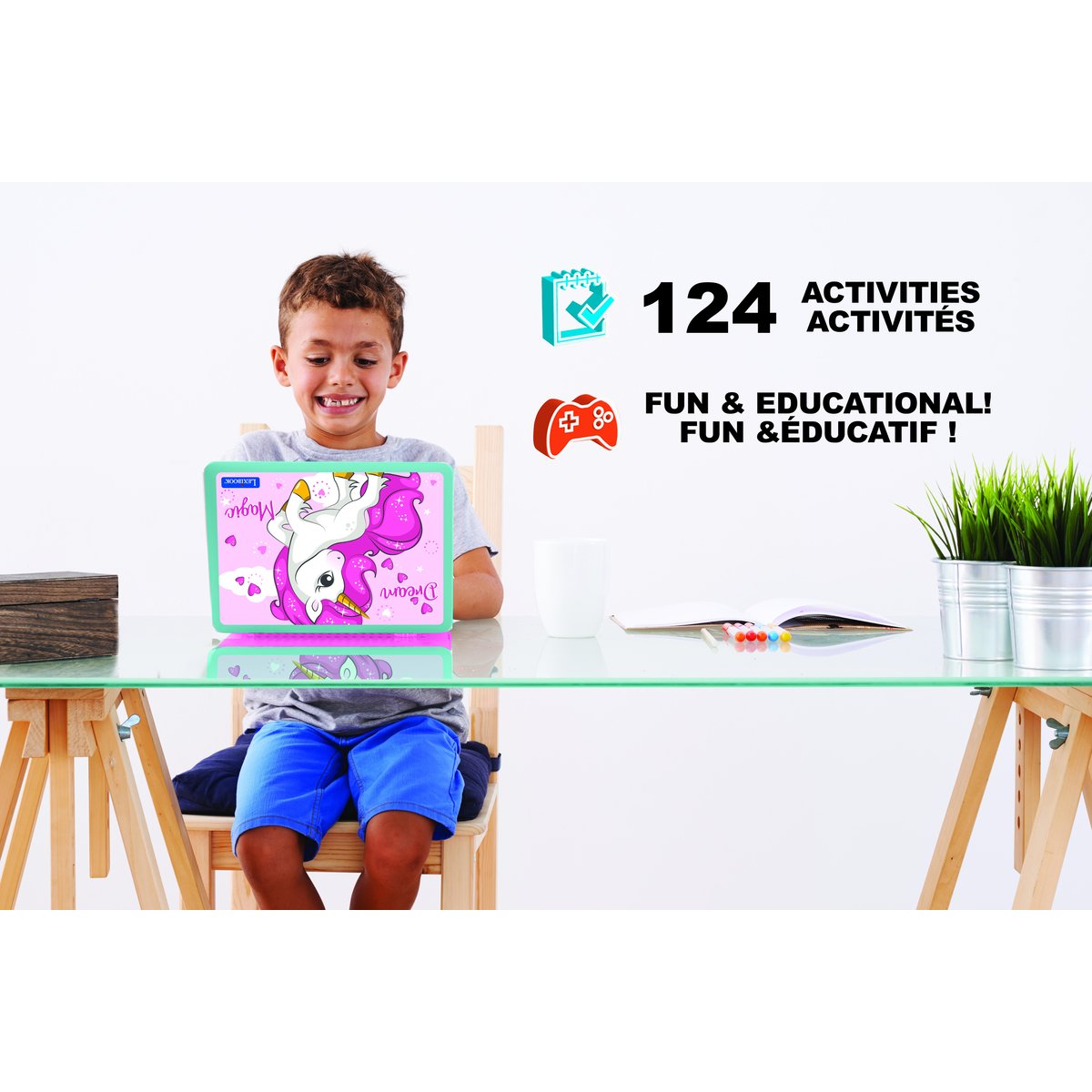 Ordinateur portable éducatif bilingue Licorne (FR/EN) rose, LEXIBOOK
