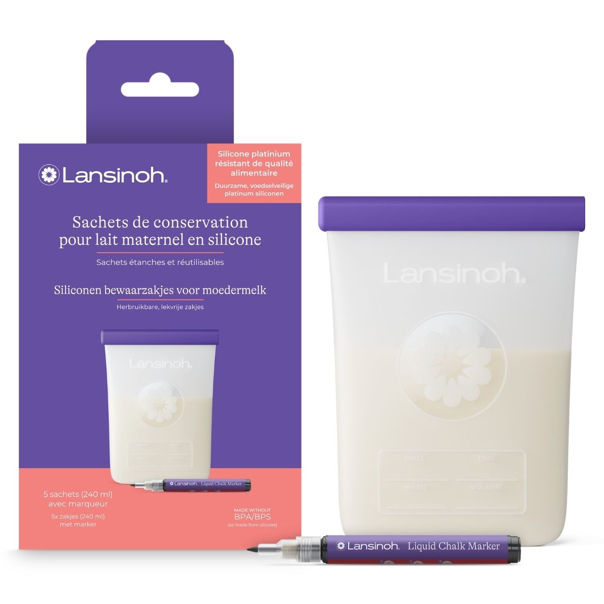 Lot de 5 sachets de conservation de lait maternel blanc, violet, LANSINOH