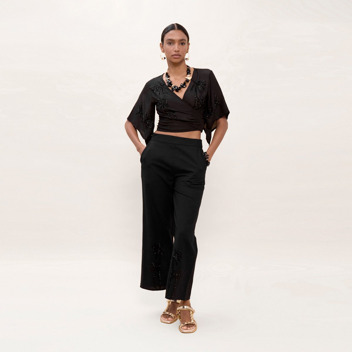 Pantalon fluide brodé taille élastiquée noir, LOLA CASADEMUNT