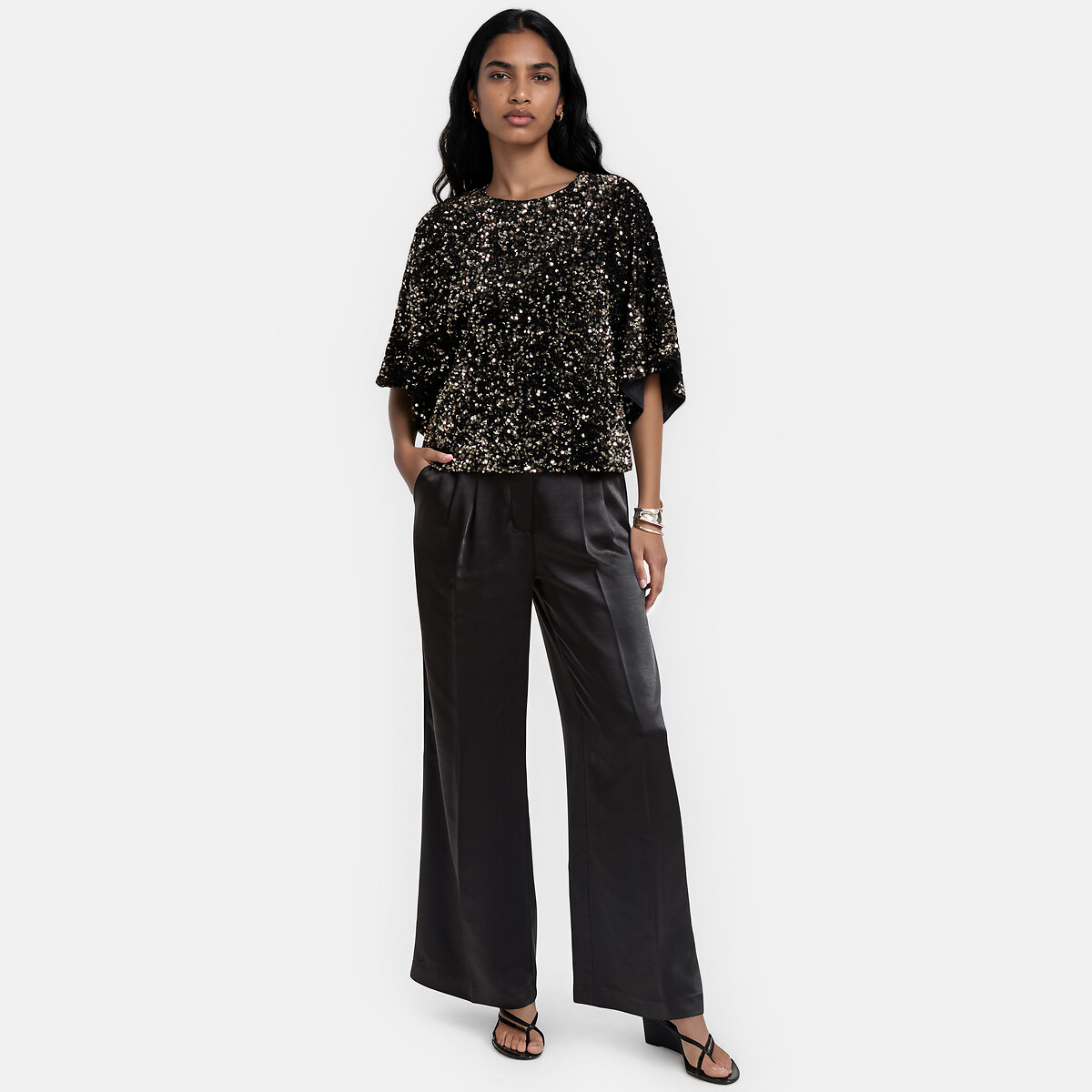Blouse met ronde hals en zecchino's, korte mouwen zwart/goudbruin, LA REDOUTE COLLECTIONS