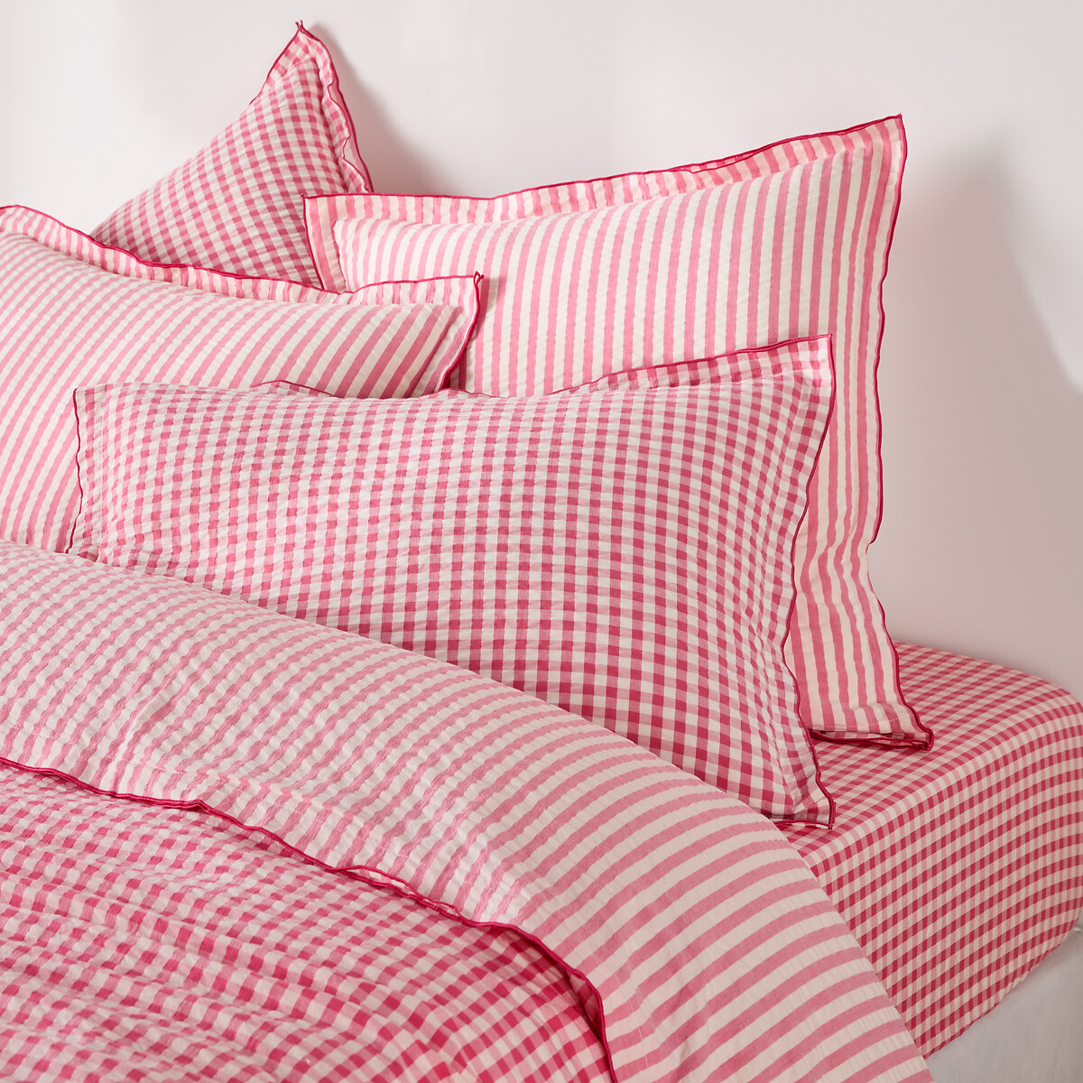 Taie d'oreiller coton seersucker, COTTAGE FRAMBOISE framboise, LA REDOUTE INTERIEURS