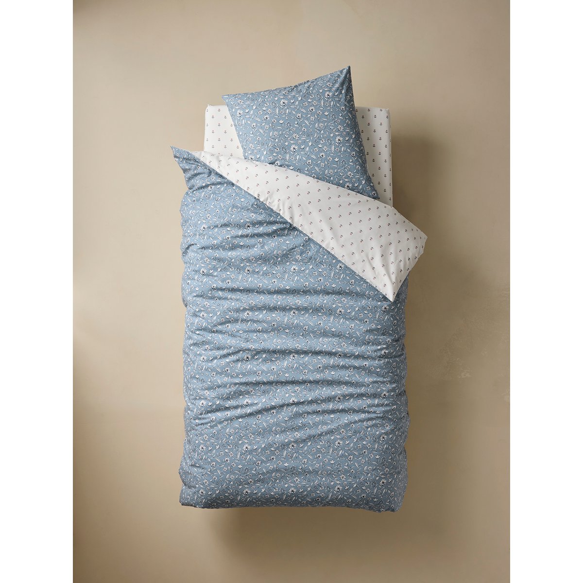 Parure housse de couette + taie d'oreiller INDIA BLUE, réversible avec coton recyclé bleu imprimé, VERTBAUDET