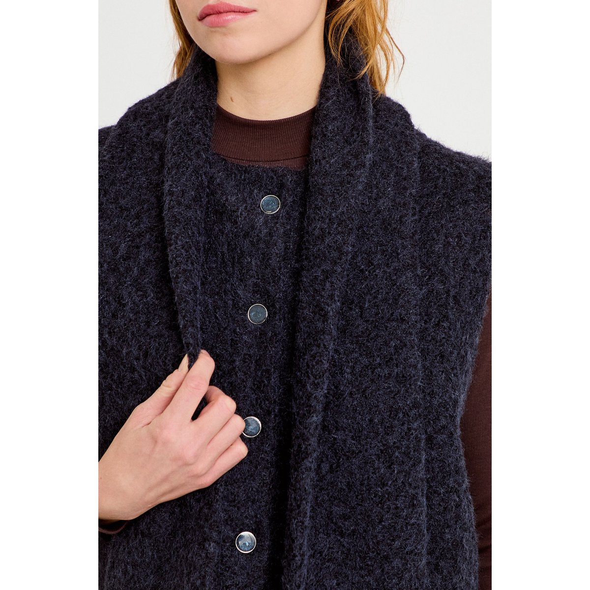 Veste droite sans manches col américain bleu marine, CACHE CACHE
