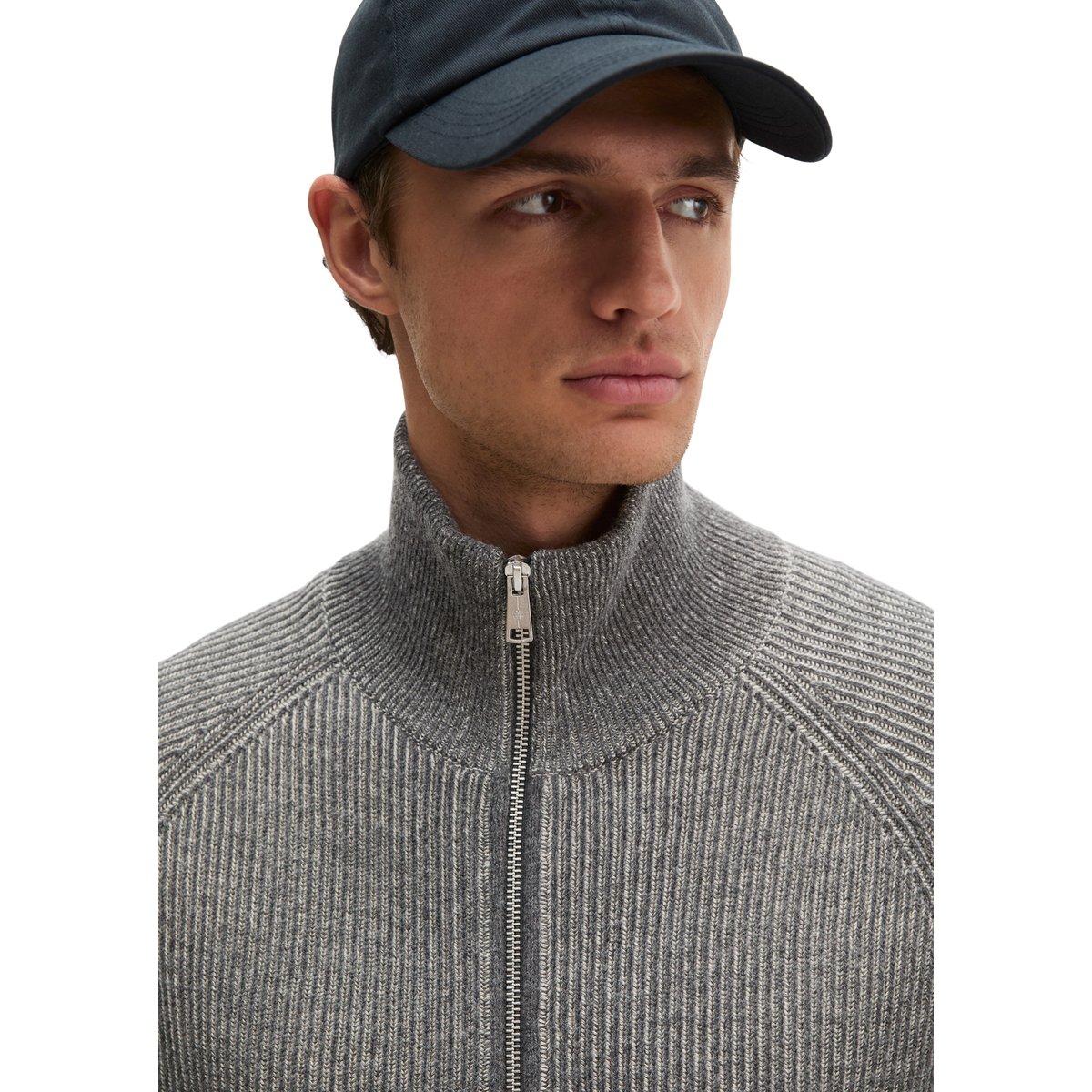 Cardigan à col montant, coupe régulière en mélange de coton bio et de laine vierge gris, MARC O'POLO