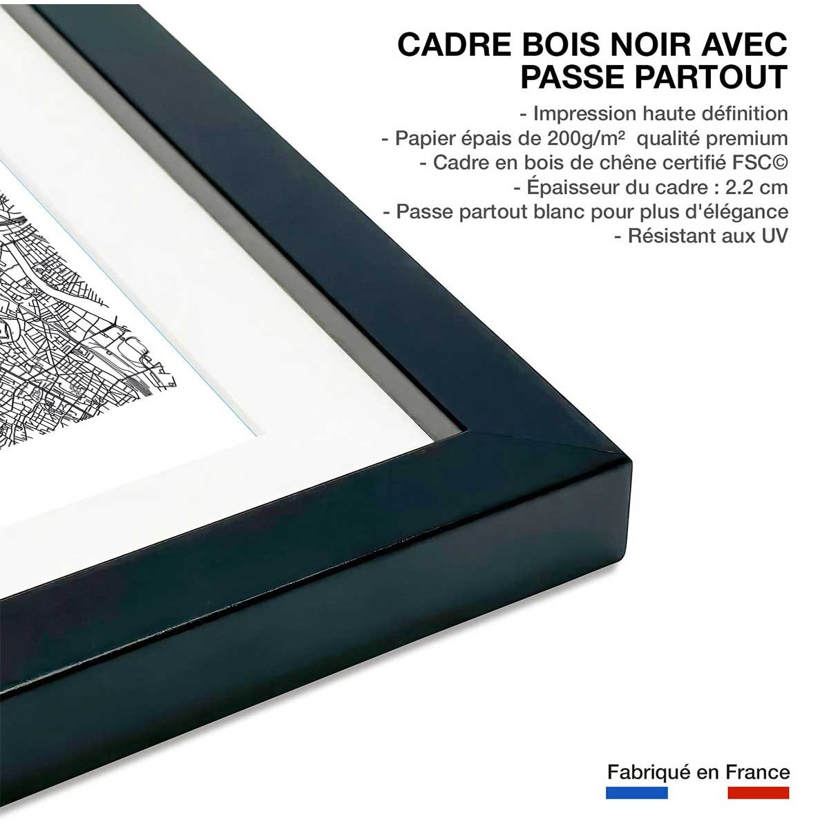 Affiche graphique paris france affiche + cadre en bois - noir, HEXOA