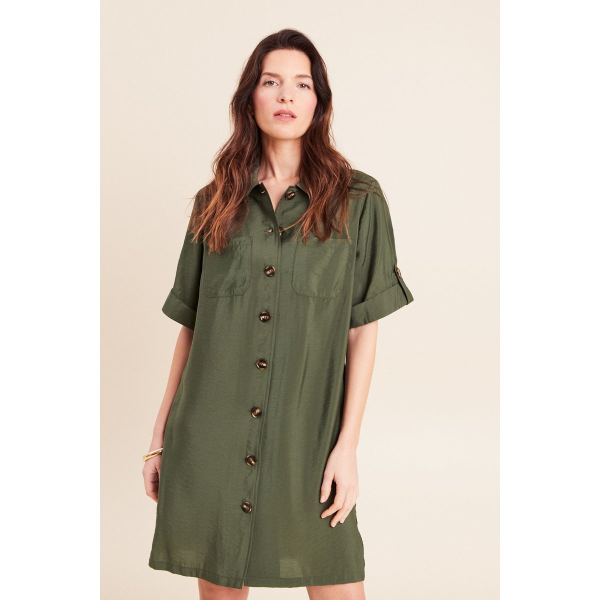 Robe droite courte col chemise vert kaki, BREAL