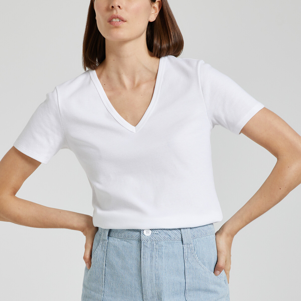 T-shirt L'Iconique, col V, manches courtes blanc, PETIT BATEAU