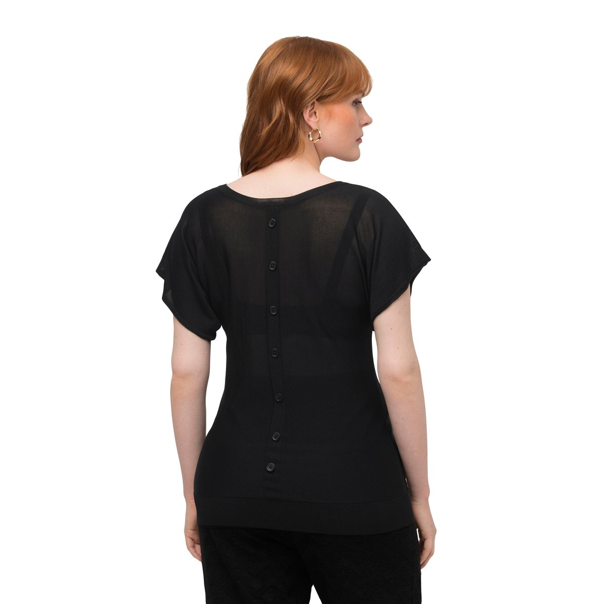 T-shirt en lin mélangé à col rond et manches noir, ULLA POPKEN