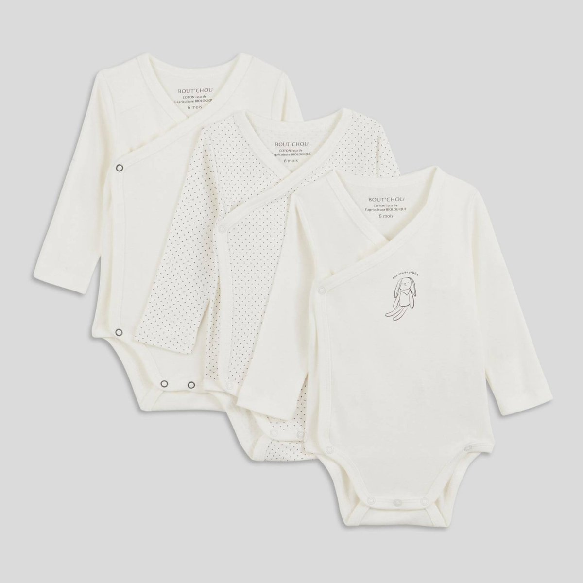 Lot de 3 bodies manches longues croisés en coton BIO, certifié GOTS et OEKO TEX blanc, BOUT'CHOU