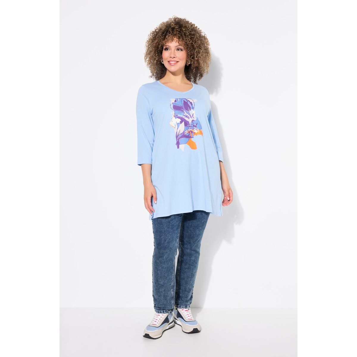 T-shirt motif à fleurs, coupe évasée bleu clair, ULLA POPKEN