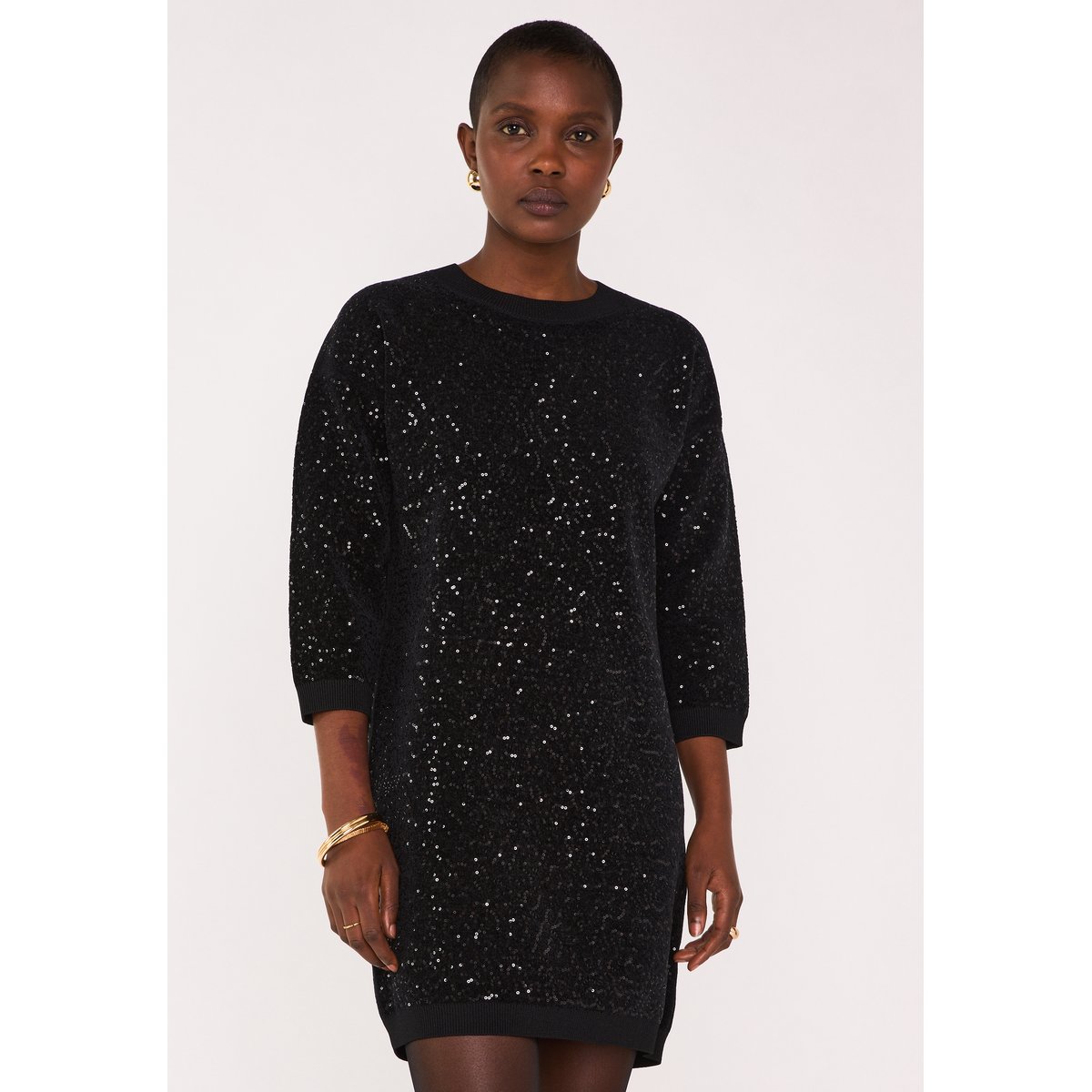 Robe courte en maille à sequins REVEILLON noir, Maison 123