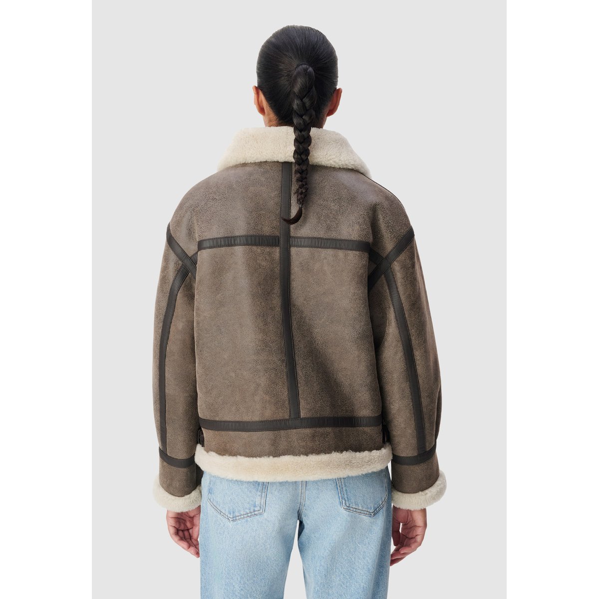 Blouson en cuir d'agneau peau retournée marron foncé, IKKS