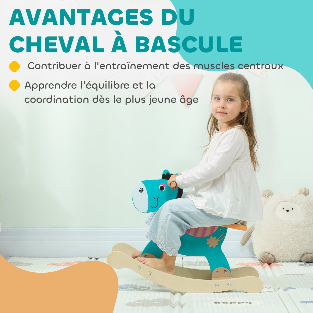 Cheval à bascule pour enfants Contreplaqué vert foncé, orange, bois, AIYAPLAY