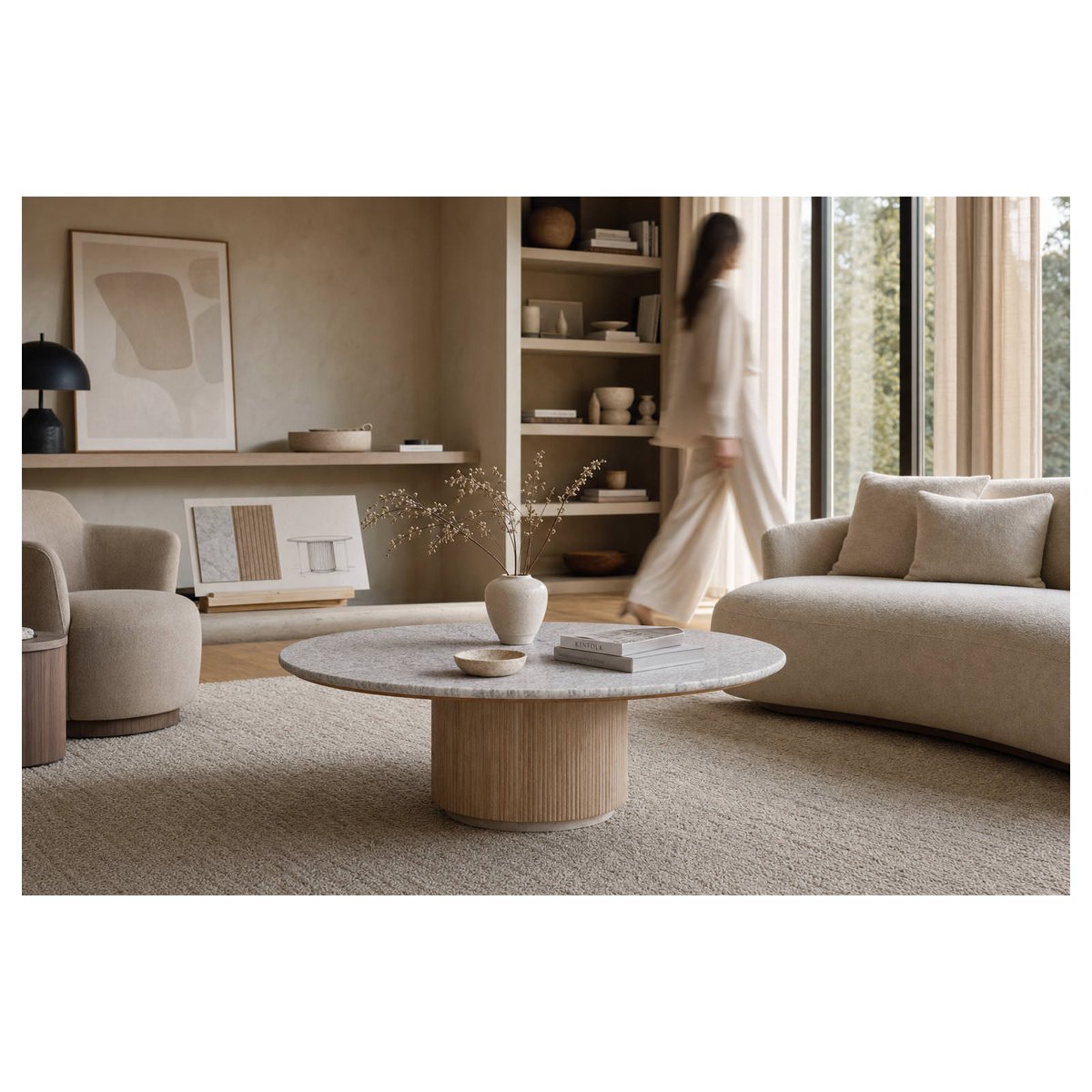 Table basse ronde en bois et marbre blanc lavage et brun, RECOLLECTION