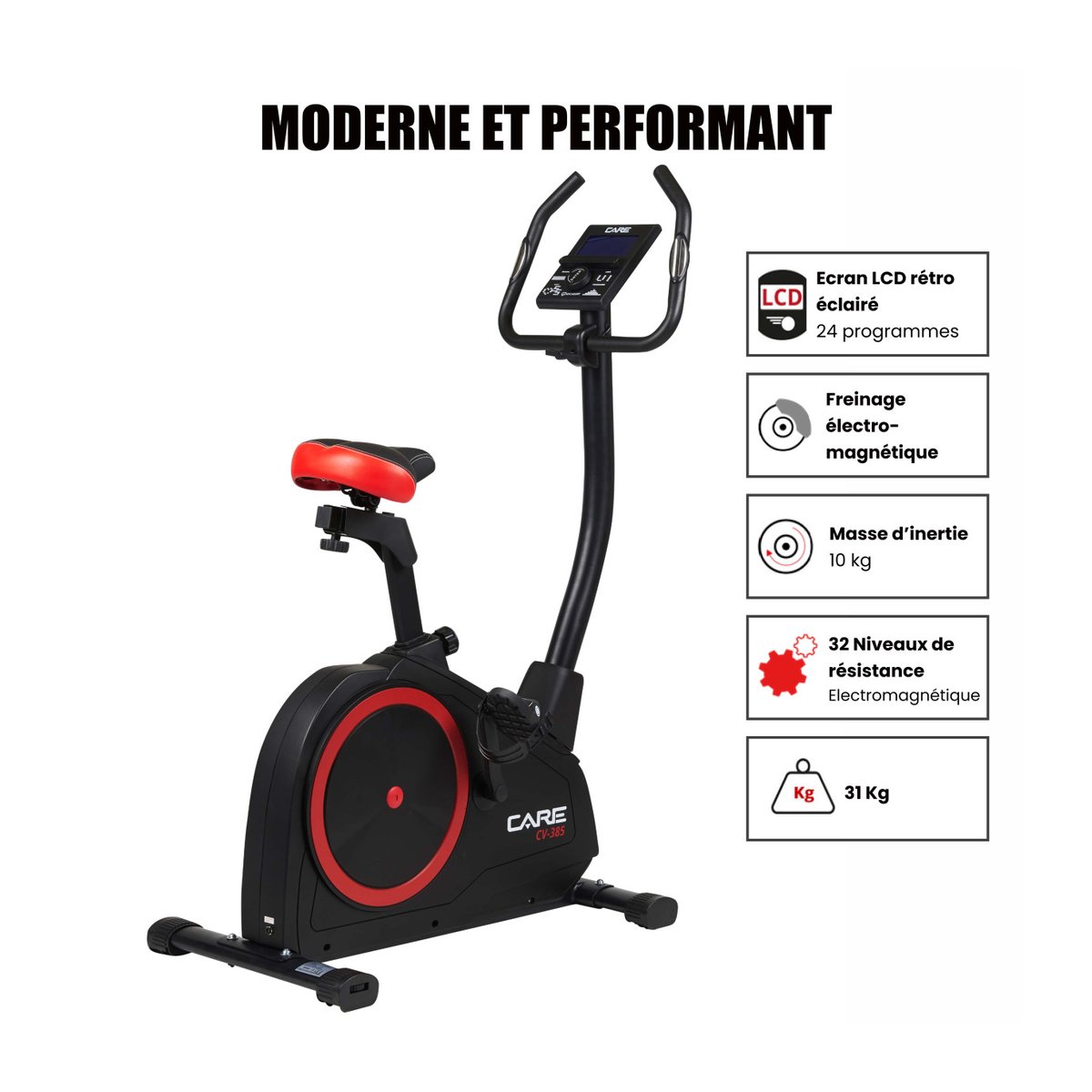 Vélo d'appartement - CARE - CV-385 - Ergomètre et connecté noir, CARE FITNESS