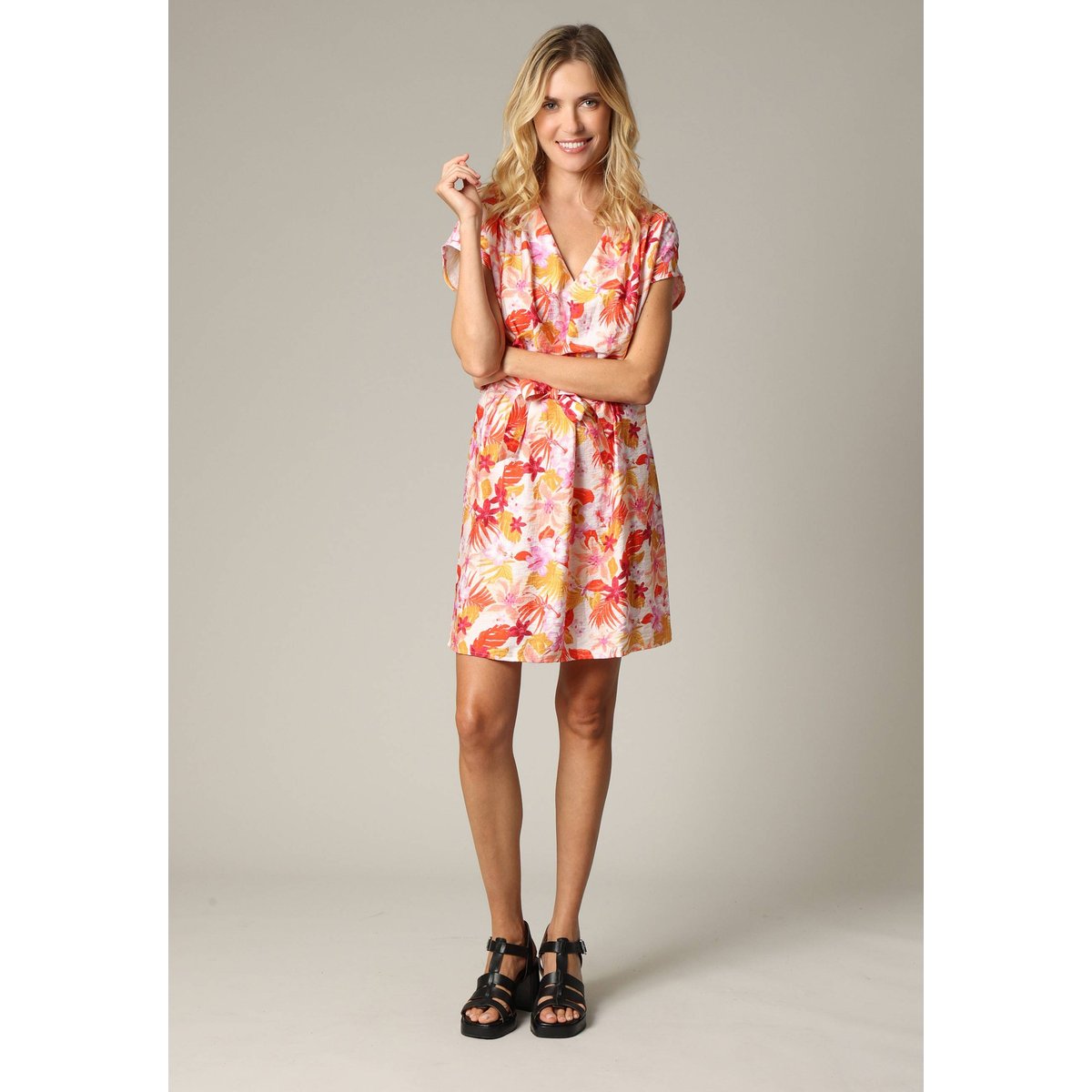 Robe exotique en viscose avec imprimé tropical PIA corail, DEELUXE