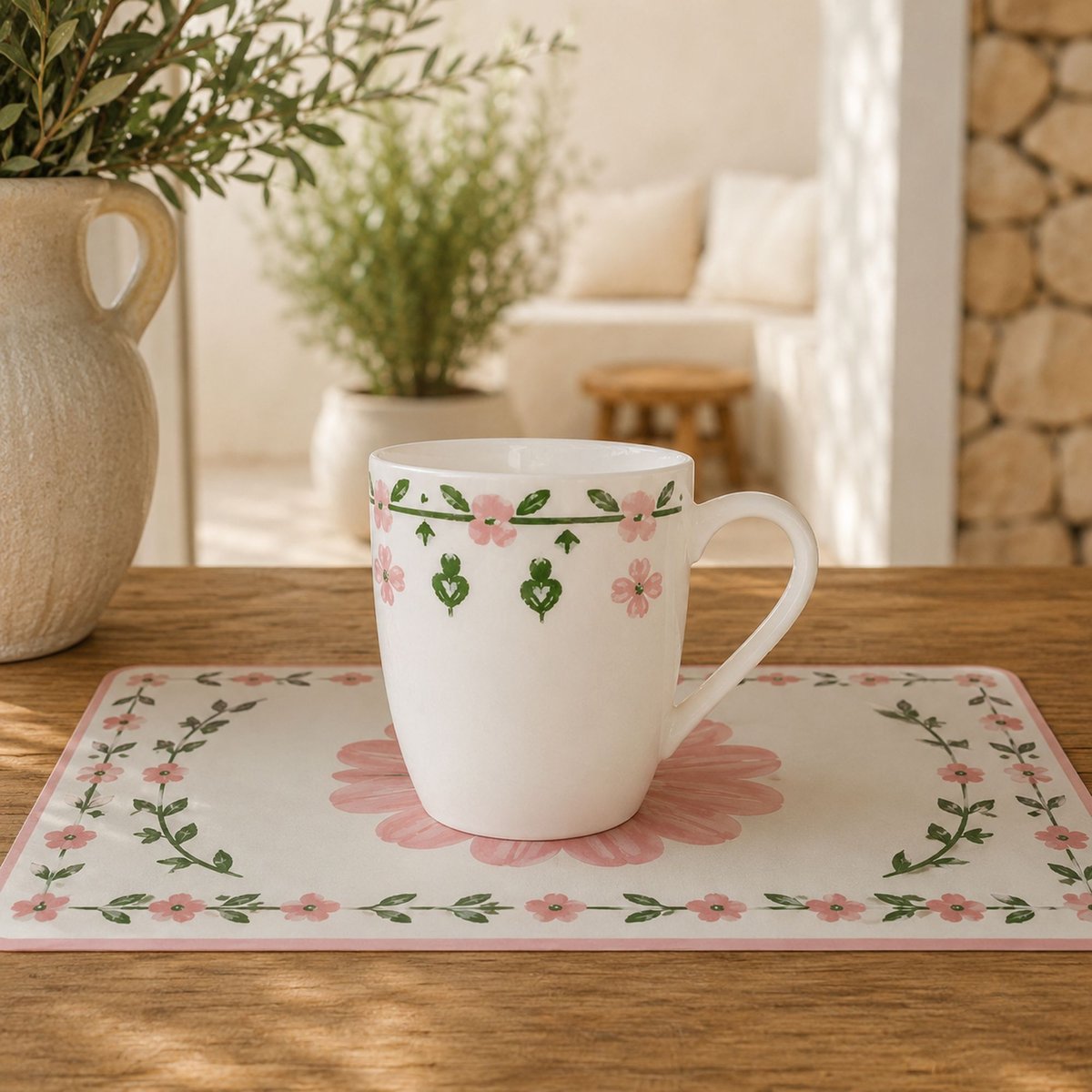 Lot de 6 mugs 36cl en porcelaine, PRIMAVERA blanc-rose, NOVASTYL