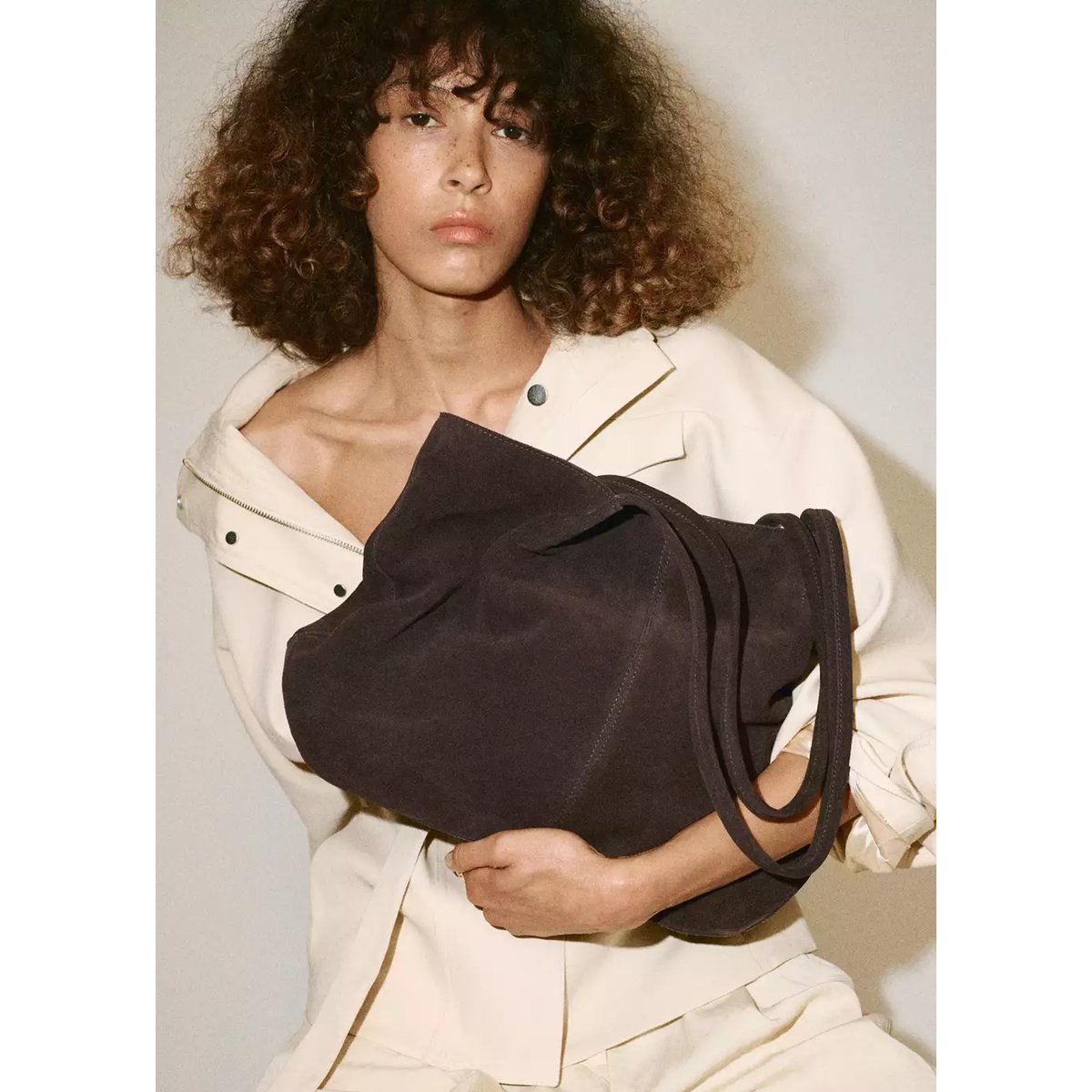 Sac cabas cuir suédé chocolat, MANGO