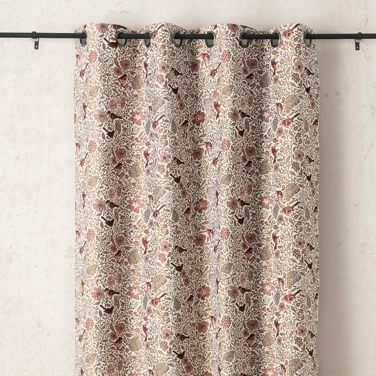 Rideau tamisant jacquard polycoton à motifs floraux et oiseaux rose, LINDER