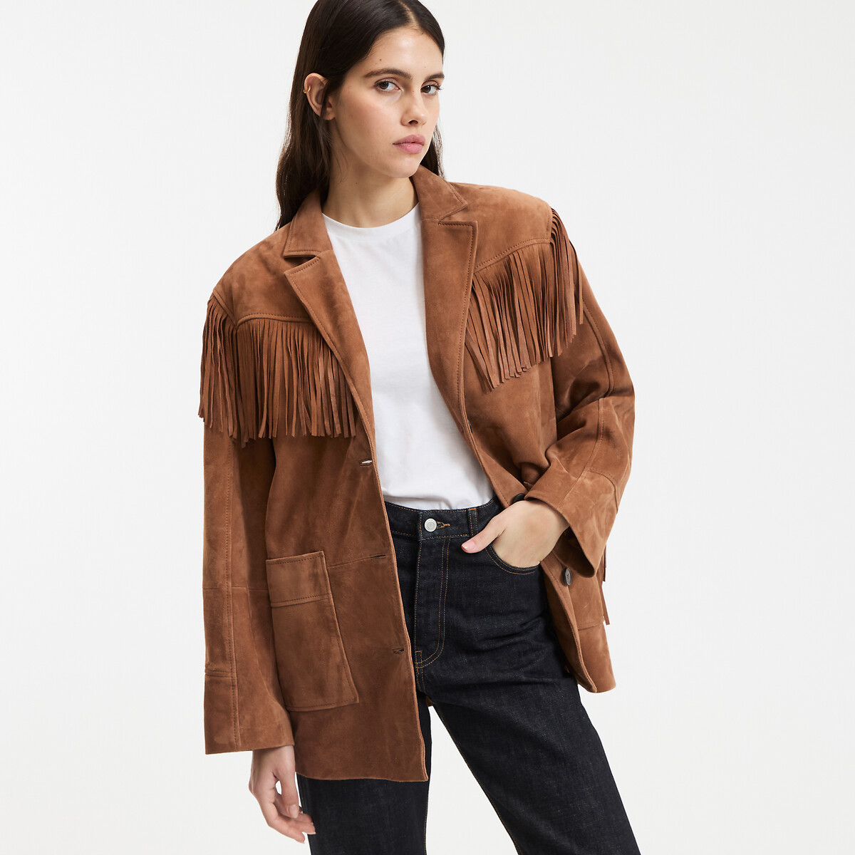 Veste droite frangée, en cuir de chèvre marron camel, LA REDOUTE COLLECTIONS