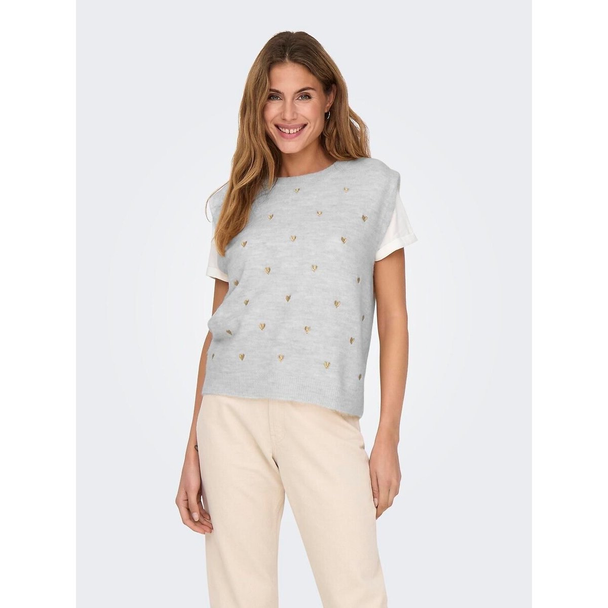 Pull col rond manches courtes gris clair, ONLY