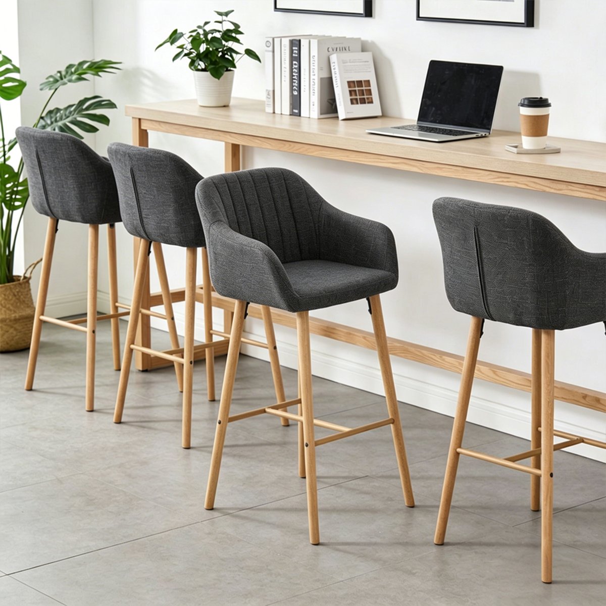 Lot de 4 chaises de bar scandinave en tissu lin H75cm, CARMENA noir, MEUBLES COSY