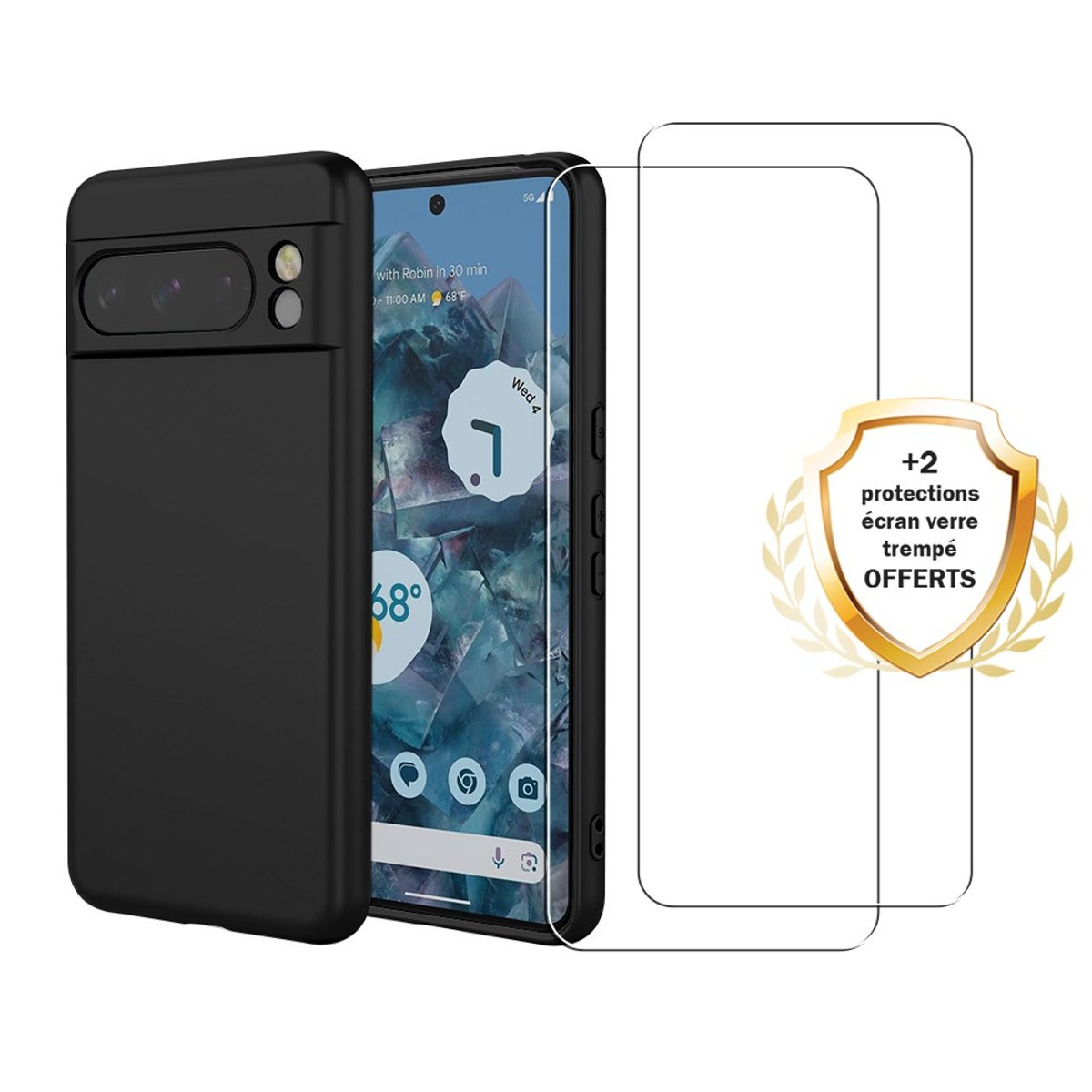 Coque Pixel 8 Pro antichoc + 2 vitres noir, EVETANE