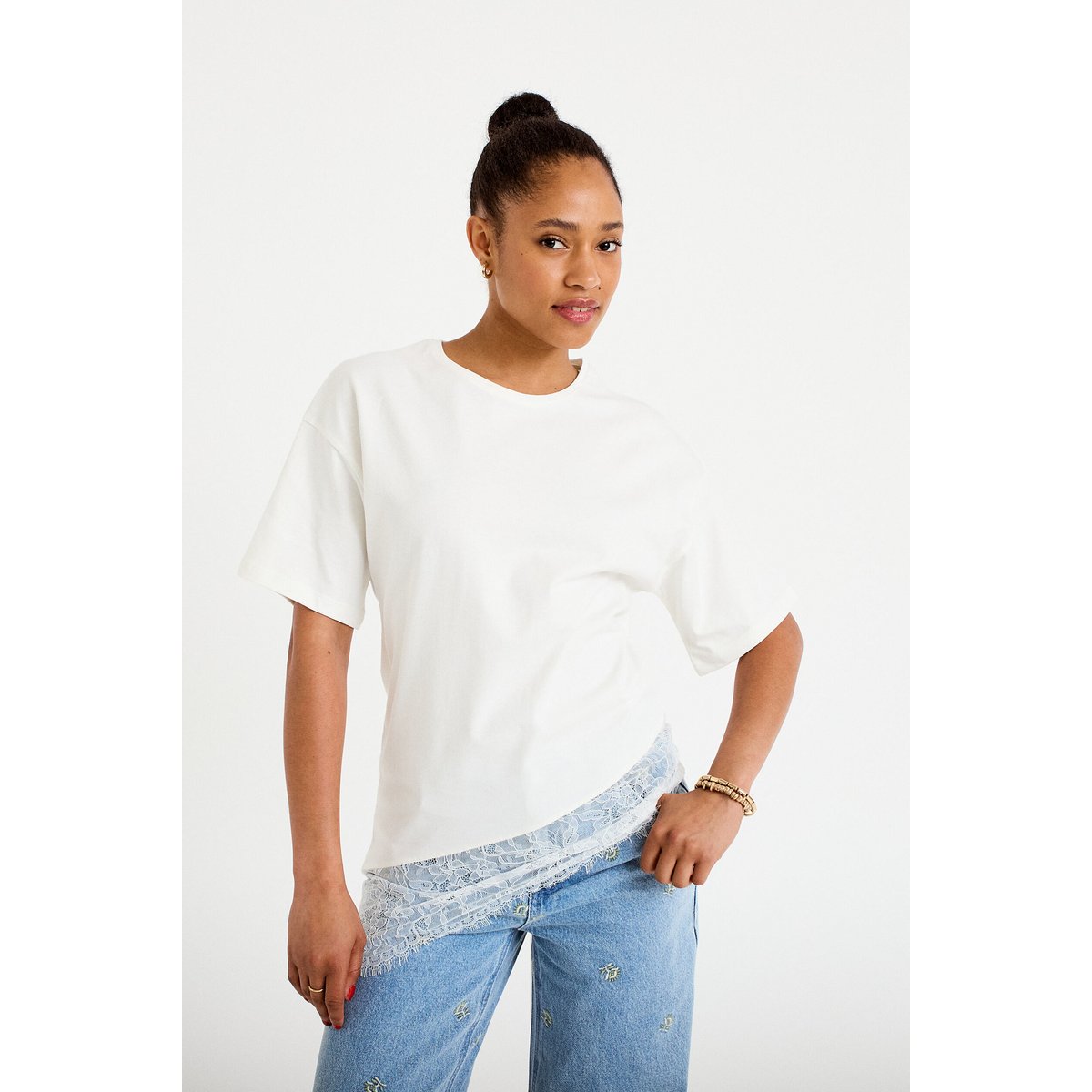 T-shirt oversize longue dentelle ecru, CACHE CACHE