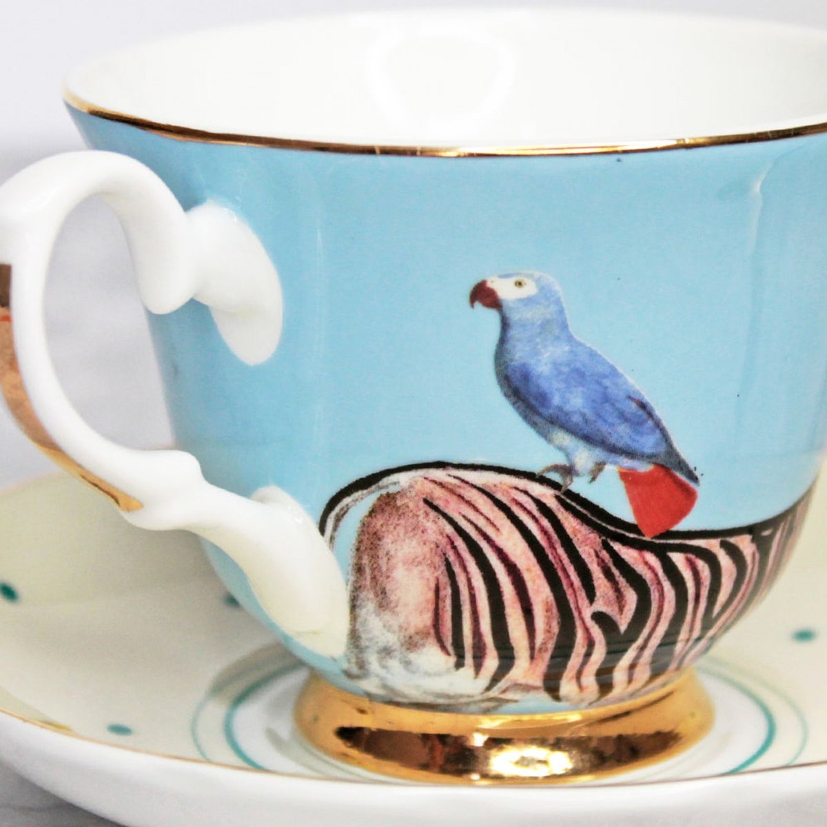 Tasse à Thé et Soucoupe Zèbre multicolor , détails bords dorés, YVONNE ELLEN
