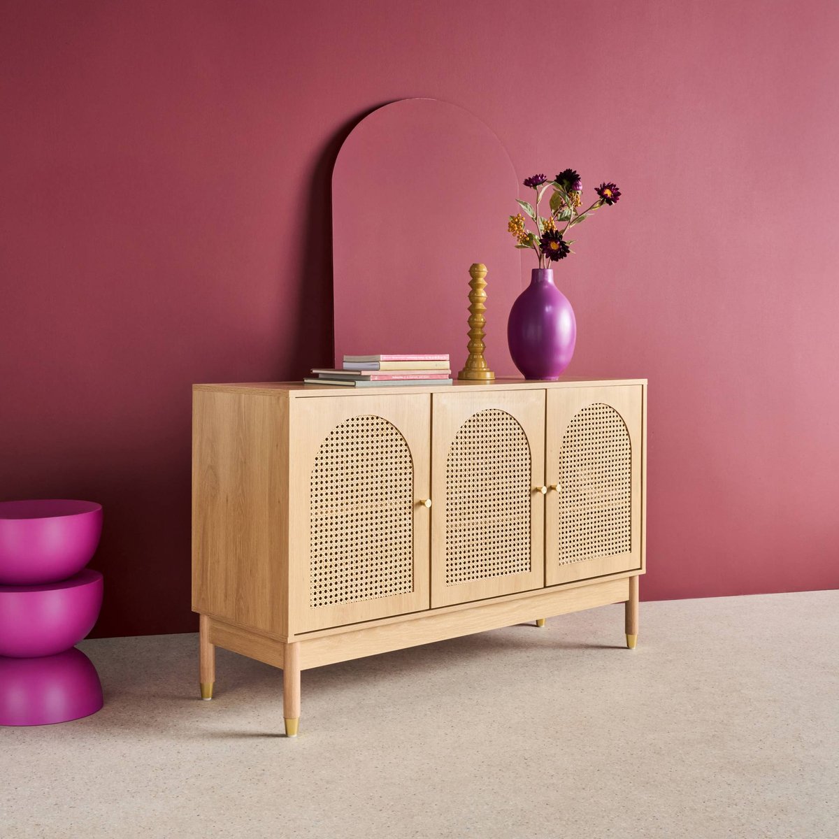 Buffet décor bois et cannage 3 portes 120cm JUDITH naturel, SWEEEK