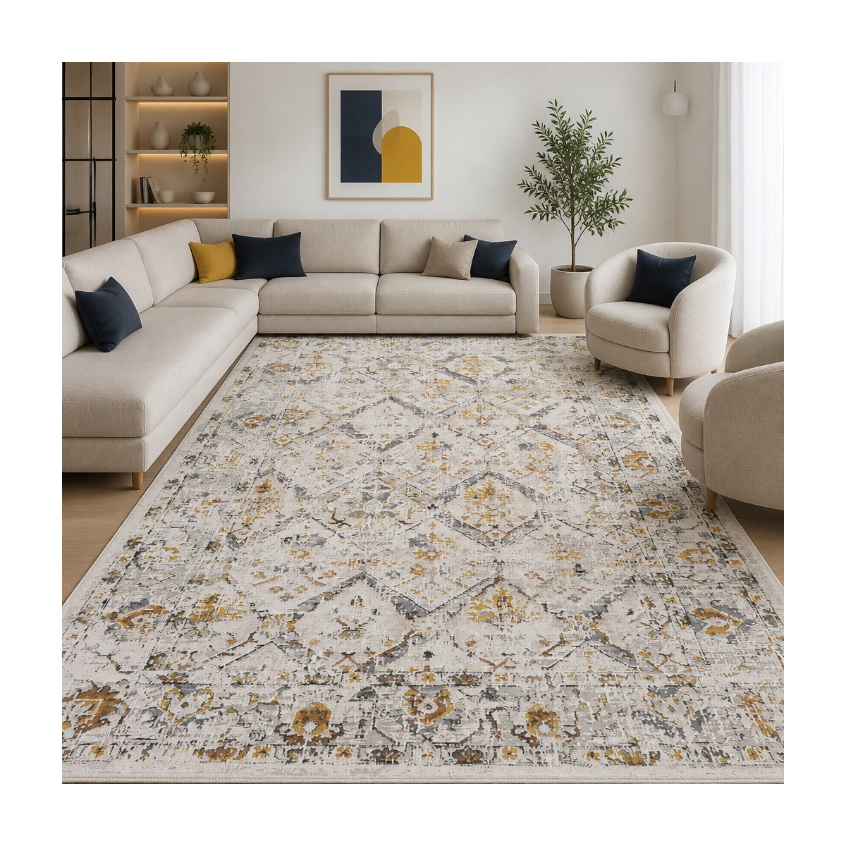 Tapis salon, motif rétro-vintage en relief, style chaleureux LYN51 AURAV beige, marron, gris, UN AMOUR DE TAPIS