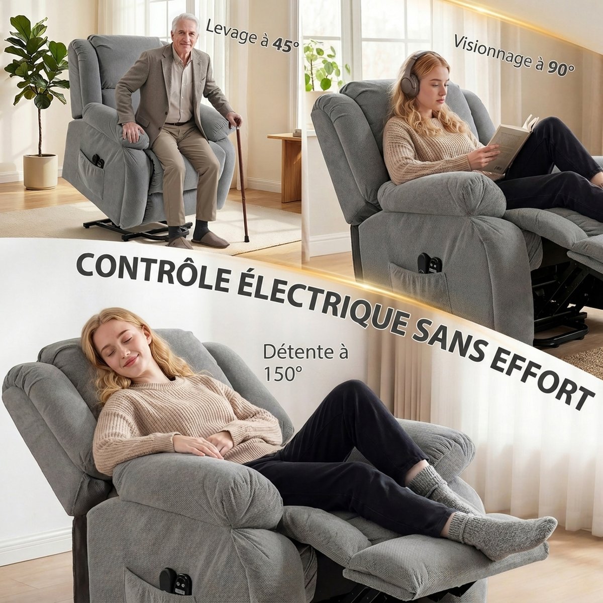 Fauteuil releveur multifonctionnel Velours gris clair, HOMCOM