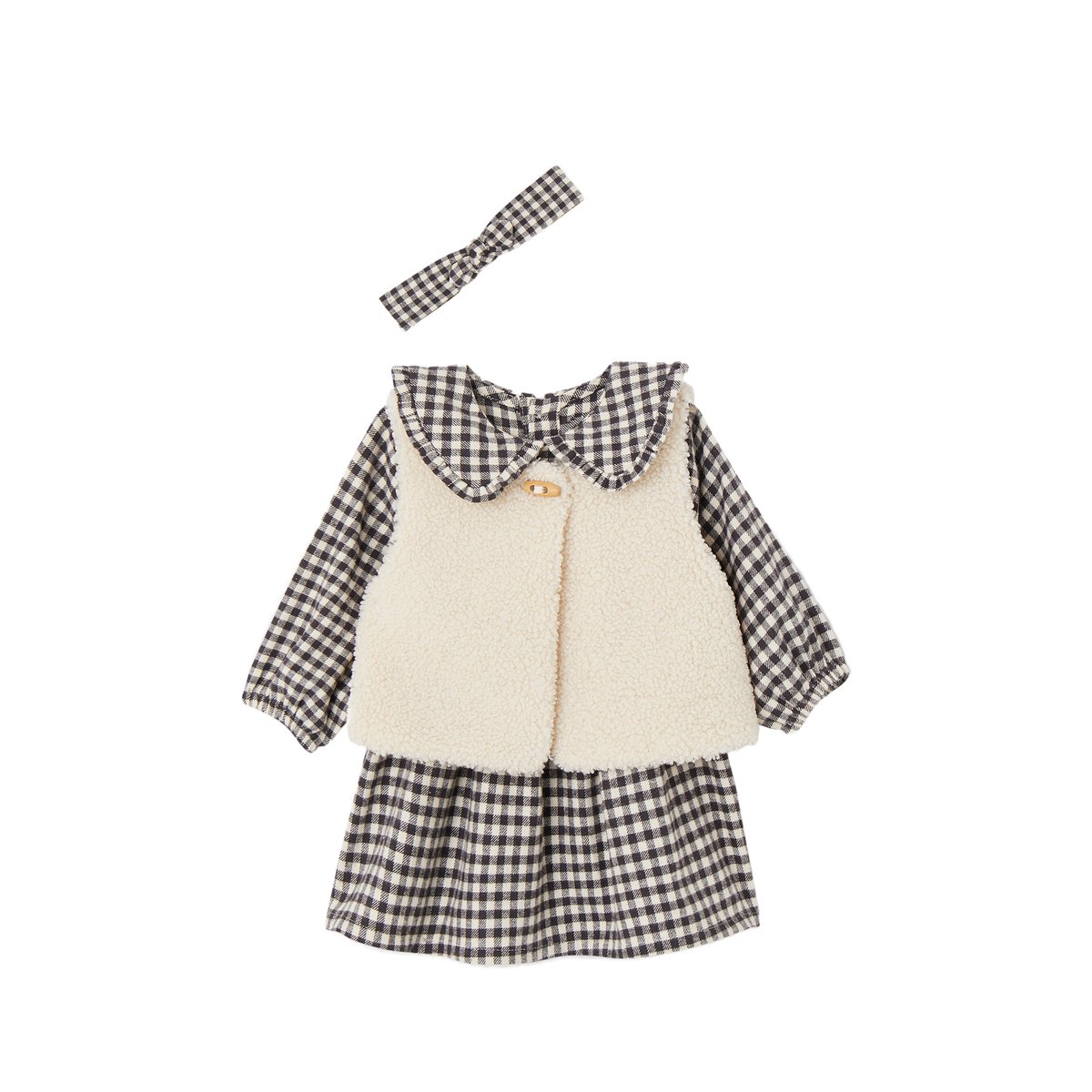 Ensemble 3 pièces bébé robe vichy + gilet + bandeau ATELIER carreaux noir, VERTBAUDET