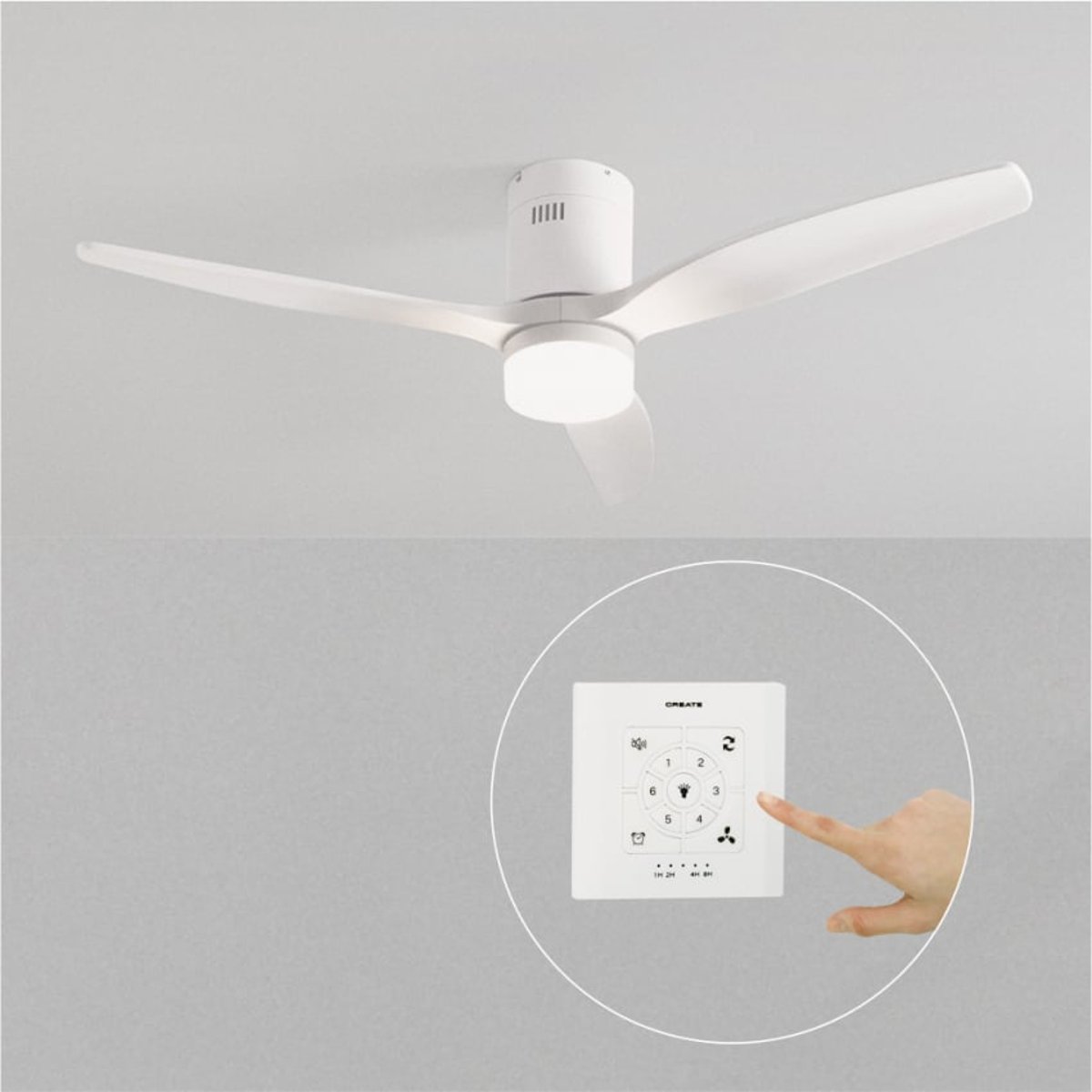 Ventilateur de plafond 40W avec lumière et contrôleur mural WIND CALM NATURAL WOOD blanc/blanc, CREATE