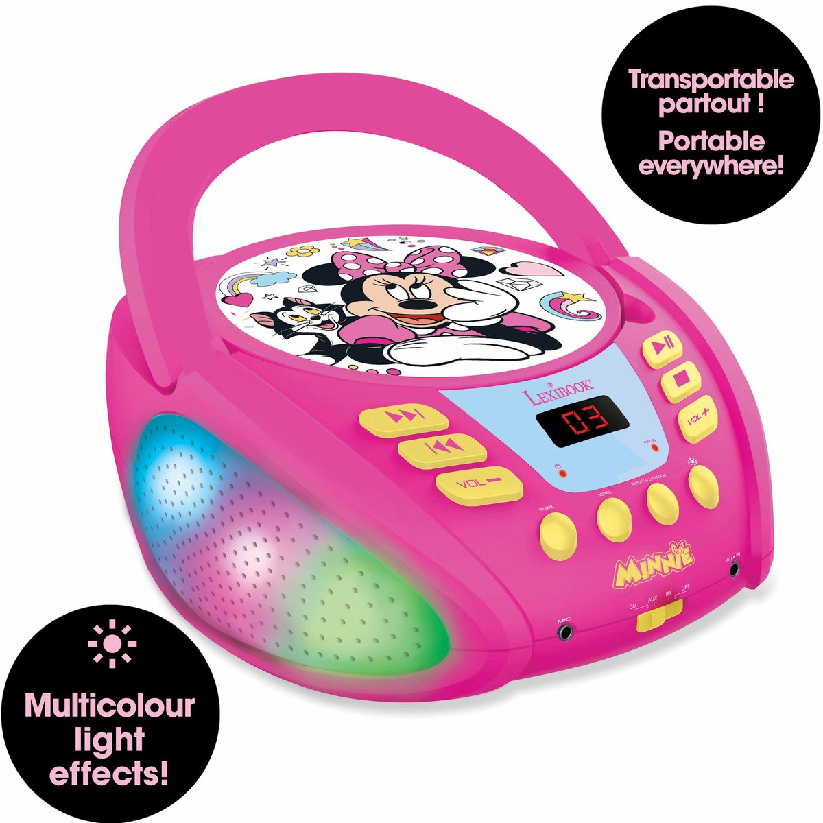 Lecteur CD Bluetooth Minnie avec effets lumineux rose, LEXIBOOK