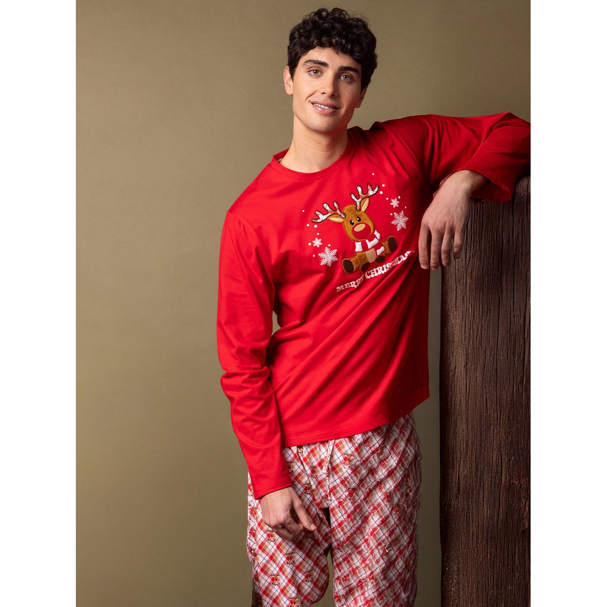 Pyjama pantalon top manches longues Reindeer rouge, ADMAS