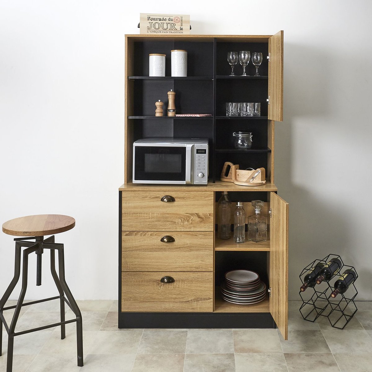 Buffet de cuisine haut 3 tiroirs, 2 portes et 5 niches de rangement CHEF marron, TOILINUX