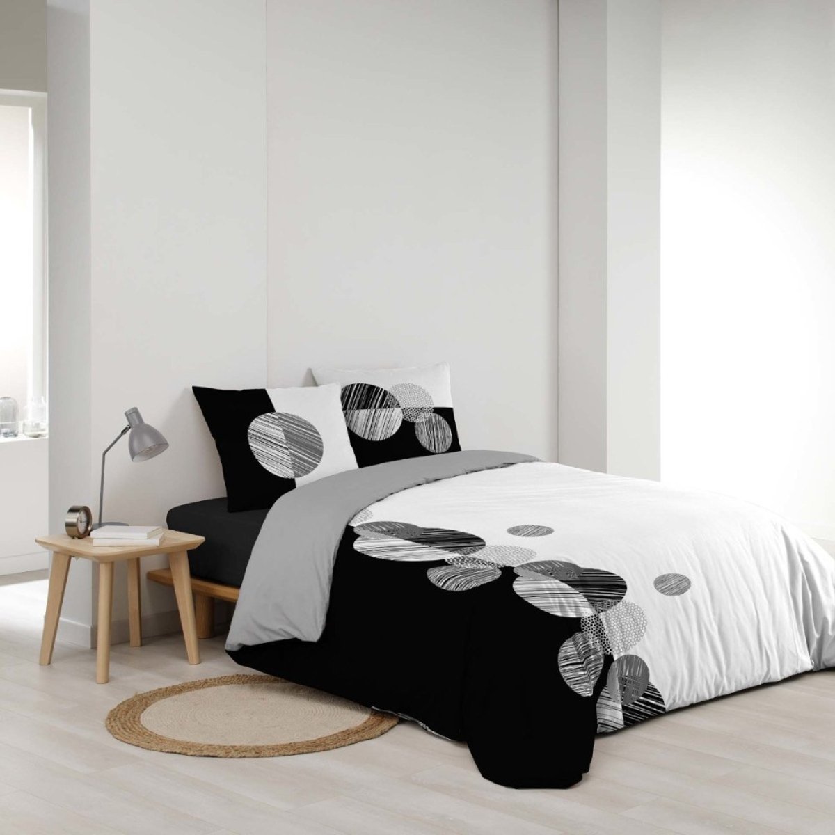 Housse de couette 2 personnes + 2 taies 100% coton 57fils Noir et blanc noir, DECORATIE