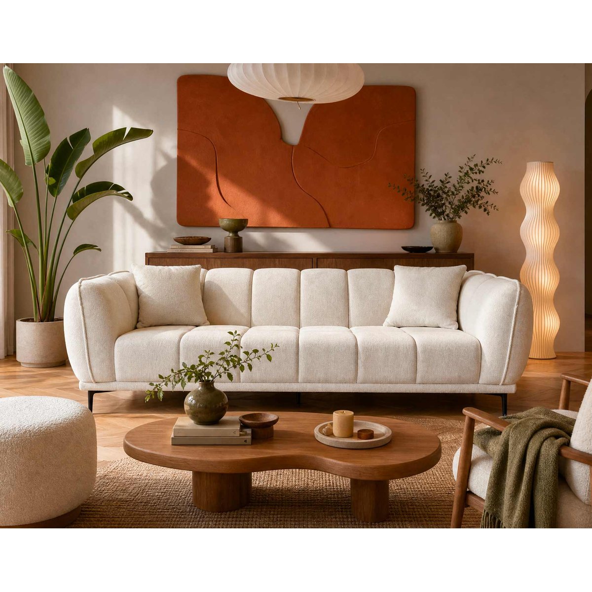 Canapé droit en velours texturé, ARSENE beige, LISA DESIGN