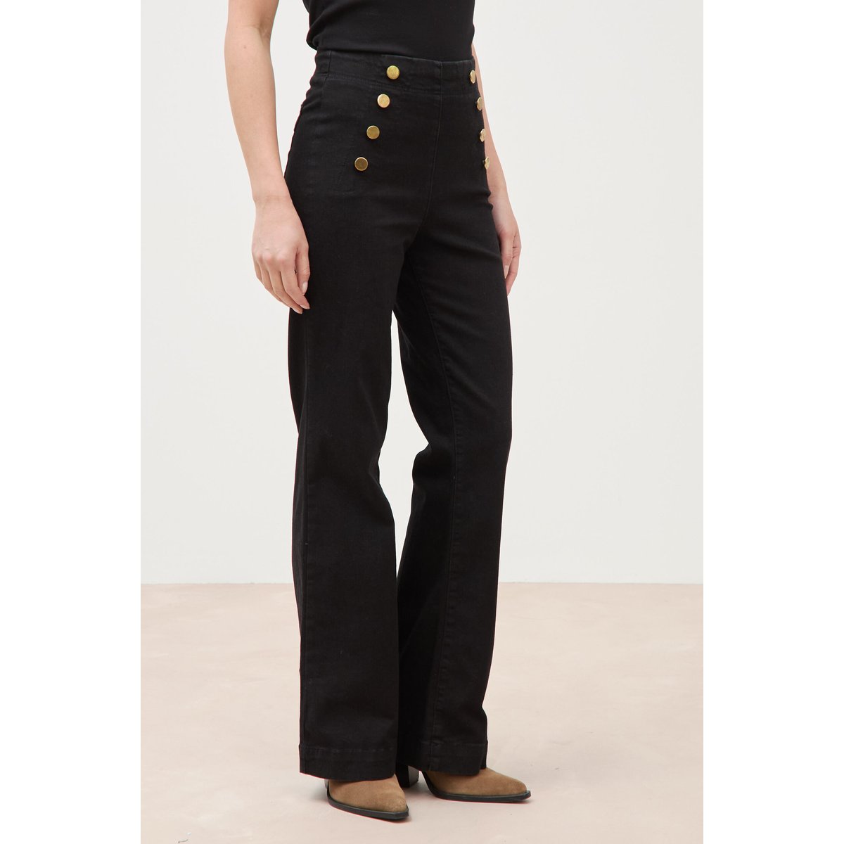 Jeans bootcut taille haute 7/8ème denim noir, BONOBO
