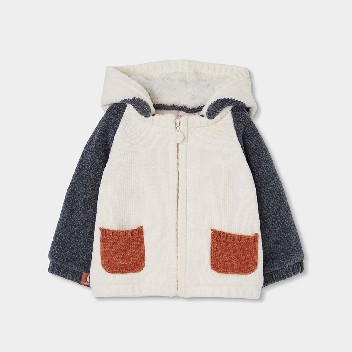 Veste bébé en maille à capuche combinée blanc, BOBOLI