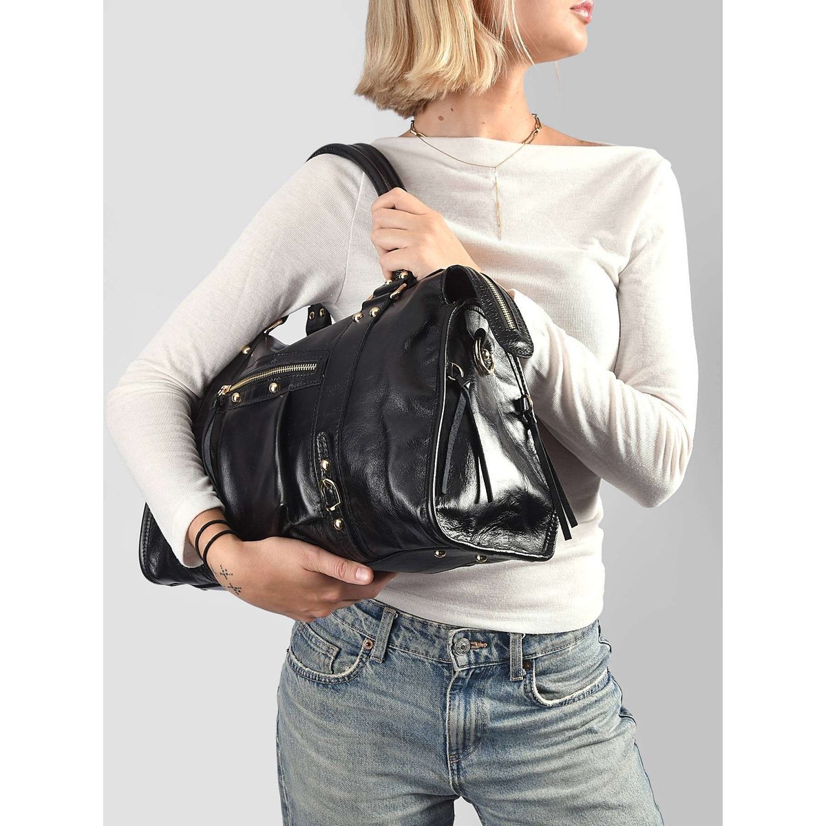 Sac porté épaule Shiny sauvage cuir A4 nero, MILANO