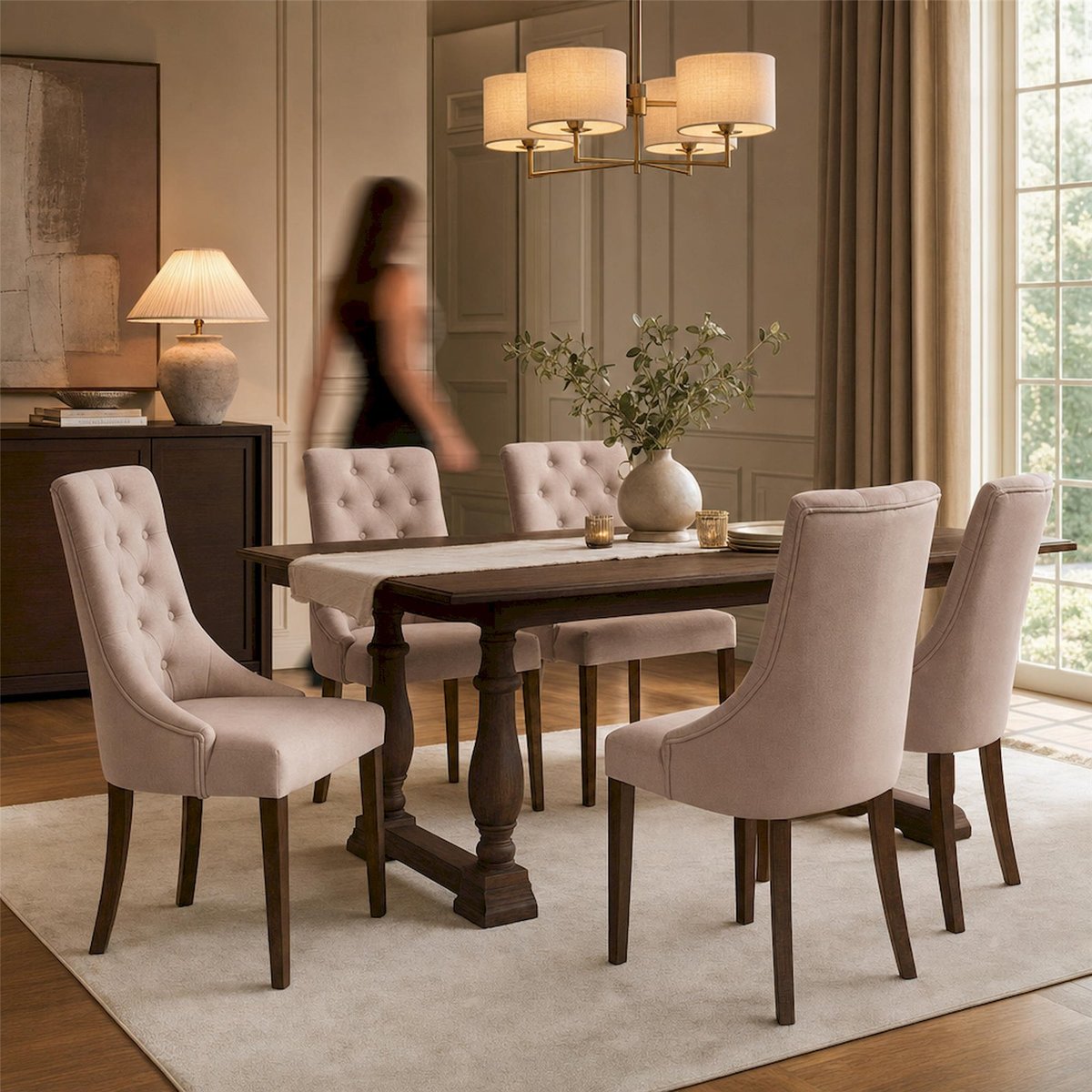 Chaise capitonnée velours ANTONINA beige et noyer brun, RECOLLECTION