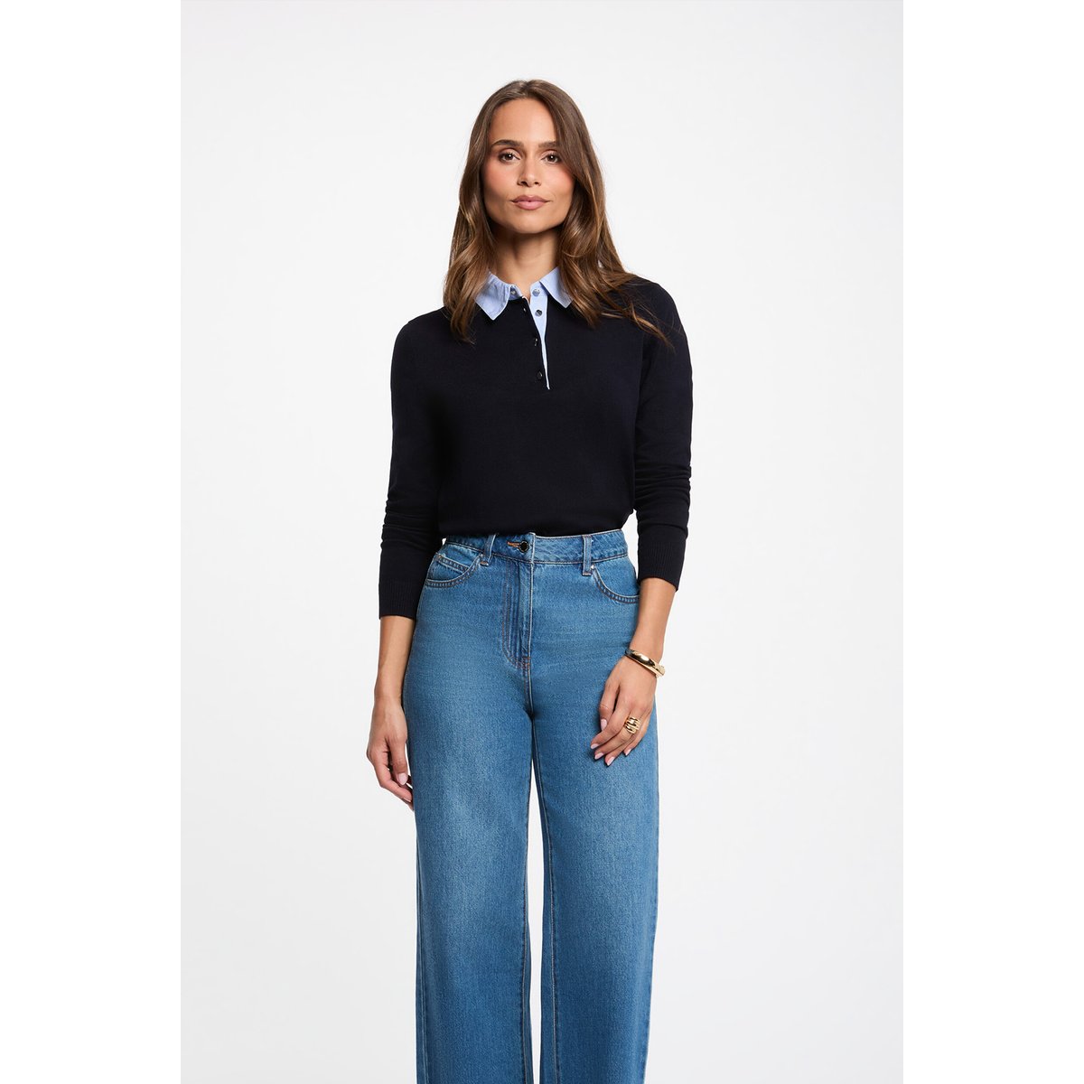 Pull col chemise bleu marine, MORGAN
