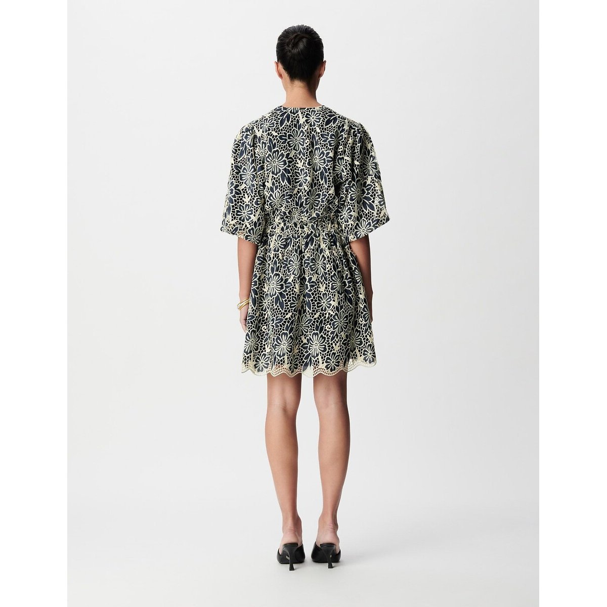 Robe courte manches courtes col V évasée, imprimée marine, IKKS