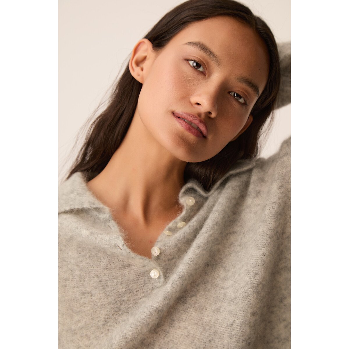 Pull à grand col polo, DOMITILLE gris chiné, DES PETITS HAUTS
