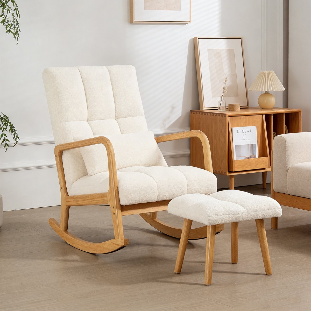 Fauteuil à bascule tissu bouclette avec repose-pieds, RAMONA blanc, MEUBLES COSY