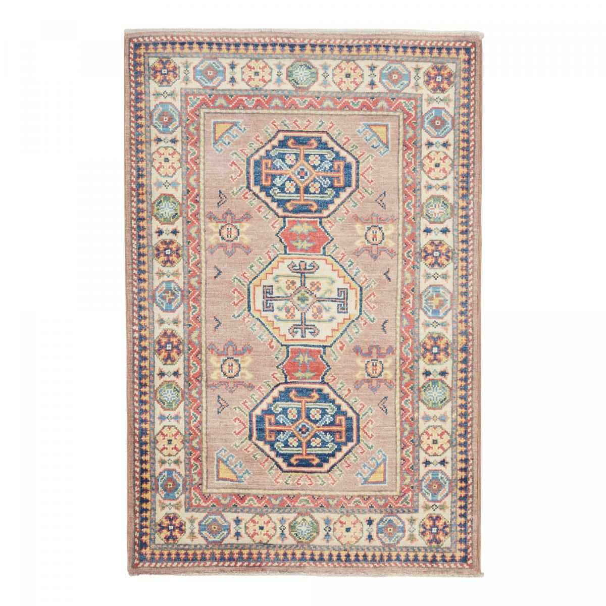Tapis d'orient géométrique, noué main en laine, KAZAK CO 51 rose, bleu, crème, UN AMOUR DE TAPIS